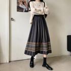 Pleated Striped Midi A-line Skirt
