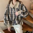Mock Two-piece Collared Sweater Plaid - Blue & Brown & Beige - One Size