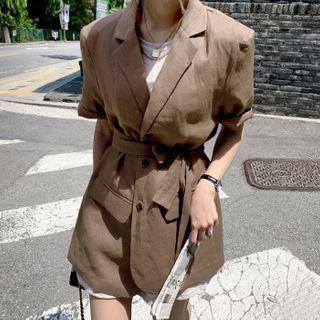 Short-sleeve Hemp Blazer With Sash