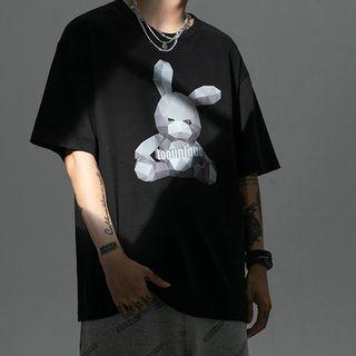 Round Neck Rabbit Print Oversized Short Sleeve T-shirt