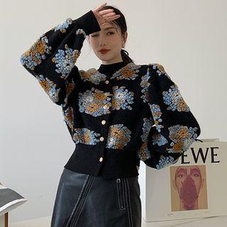 Printed Puff-sleeve Woolen Jacket