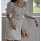 Lace-up Eyelet Puff-sleeve Mini A-line Dress