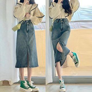Contrast Trim Cardigan / Slit Denim Midi A-line Skirt / Set