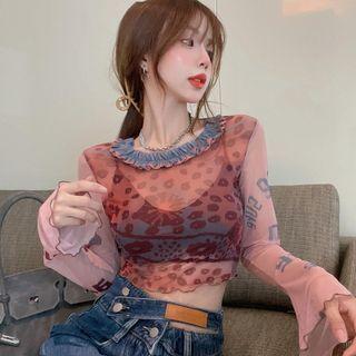 Long-sleeve Leopard Print Mesh Top Pink - One Size
