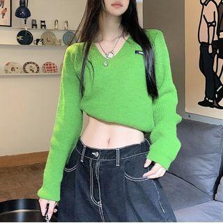 V-neck Long-sleeve Knit Plain Top As Shown In Figure - One Size