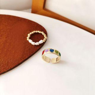 Set: Faux Pearl Ring + Heart Print Open Ring Set - Ring - Gold - One Size