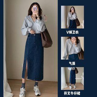 V-neck Sweatshirt / Midi A-line Denim Skirt / Set