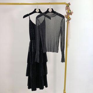 Set: Glitter Long-sleeve Mesh Top + Midi Pinafore Dress