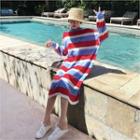 Drop-shoulder Color-block T-shirt Dress Red & Blue - One Size