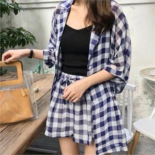 Set: Elbow-sleeve Gingham Jacket + Drawstring-waist Shorts