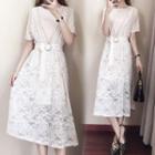 Set: Short-sleeve Mini Dress + Sleeveless Lace A-line Midi Dress