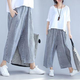 Plaid Wide-leg Cropped Pants Black & White - F