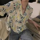 Short-sleeve Paint Splatter Shirt Blue & Green & Yellow & Pink & White - One Size