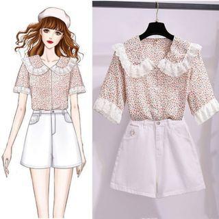 Short-sleeve Collared Floral Print Blouse / Denim Shorts / Set