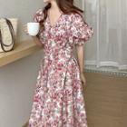 Short-sleeve Floral Midi A-line Dress Floral - Red & White - One Size