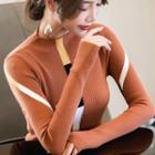 Mock-neck Color Block Long-sleeve Knit Top