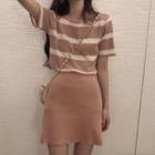 Set: Short-sleeve Striped Knit Top + Skirt Set Of 2 - Pink - One Size