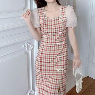 Puff-sleeve Plaid Panel Sheath Dress