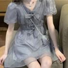 Short-sleeve V-neck Mesh Mini A-line Dress