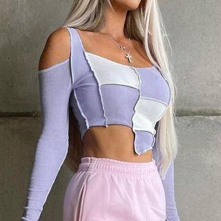 Long-sleeve Color-block Asymmetrical Crop Top