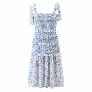 Tie-strap Ruffle Trim Floral Midi A-line Dress