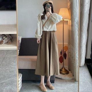 Set: Long-sleeve Peter Pan Collar Blouse + Midi A-line Skirt