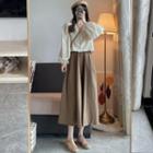 Set: Long-sleeve Peter Pan Collar Blouse + Midi A-line Skirt
