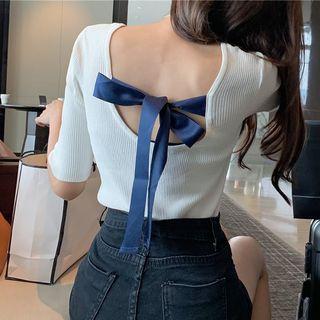 Bow Back Elbow-sleeve Knit Top