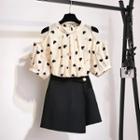 Set: Elbow-sleeve Heart Pattern Top + Skorts