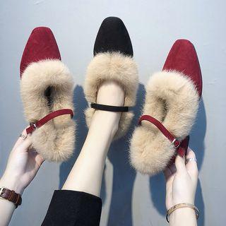 Furry Trim Ankle Strap Square Toe Pumps