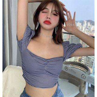 Plaid Slim-fit Short-sleeve Cropped Blouse As Figure - One Size