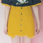 Buttoned Fray-hem Mini Skirt