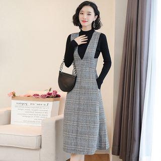 Long-sleeve Top / Plaid Pinafore Dress