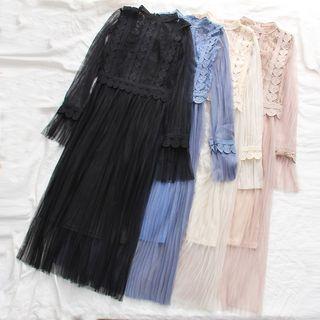 Set: Lace Panel Long-sleeve Mesh Dress + Slipdress