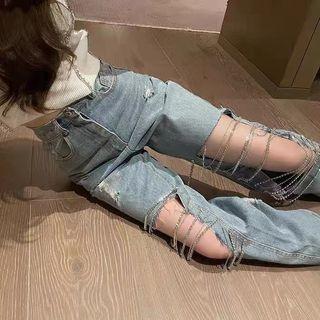 High Waist Distressed Chained Straight Leg Jeans