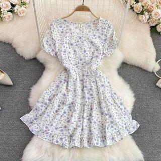 Square Neck Floral Ruffle A-line Dress