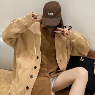 V-neck Plain Loose Fit Cardigan Khaki - One Size