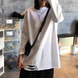 Long Sleeve Plain Distressed T-shirt White - One Size