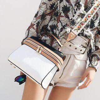 Color Block Handbag With Floral Embroidered Strap