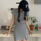 Short-sleeve Plain Side-slit Mini Polo Dress Gray - One Size