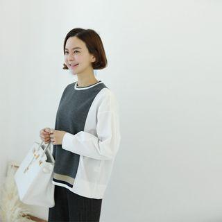 Collarless Knit-panel Shirt