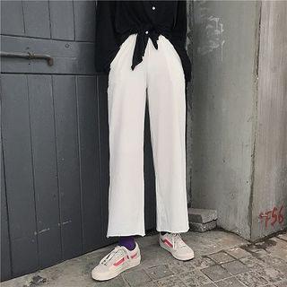 Plain High-waist Knit Cropped Pants Milky White - One Size