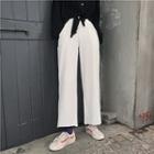 Plain High-waist Knit Cropped Pants Milky White - One Size