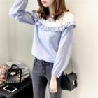 Long-sleeve Mesh-panel Pleated Blouse