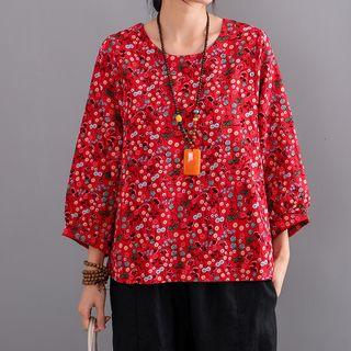 Floral 3/4-sleeve Round-neck T Shirt