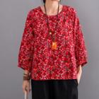 Floral 3/4-sleeve Round-neck T Shirt