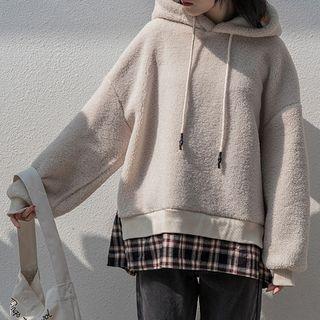 Gingham Panel Fleece Hoodie Almond - One Size