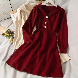 Smocked-waist V-neck Knit Midi Dress