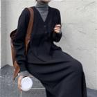Long-sleeve Plain V-neck Midi Dress