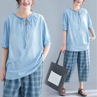 Lace-up Elbow-sleeve T-shirt As Shown In Figure - One Size